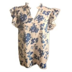 Shein Cream Blouse W/ Blue Flowers, Flutter Sleeves, V-neck, Large